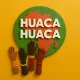 Texto HUACA HUACA sobre un círculo verde con manos levantadas en diferentes tonos de piel sobre un fondo amarillo.