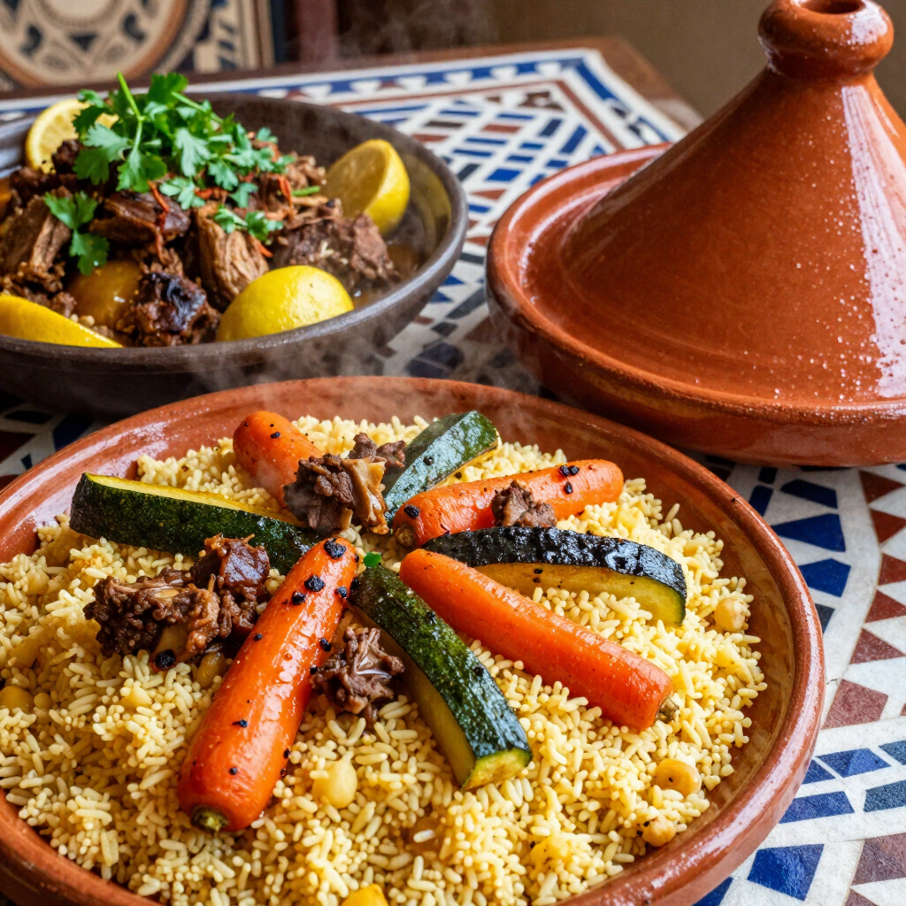 Colorful Moroccan tagine and couscous with vegetables on a patterned table, served in clay dishes