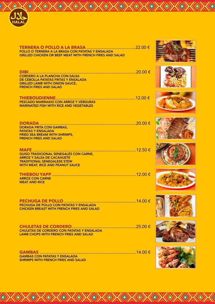 Menú amarillo del restaurante con fotos de la comida, lista de platos y precios en español.