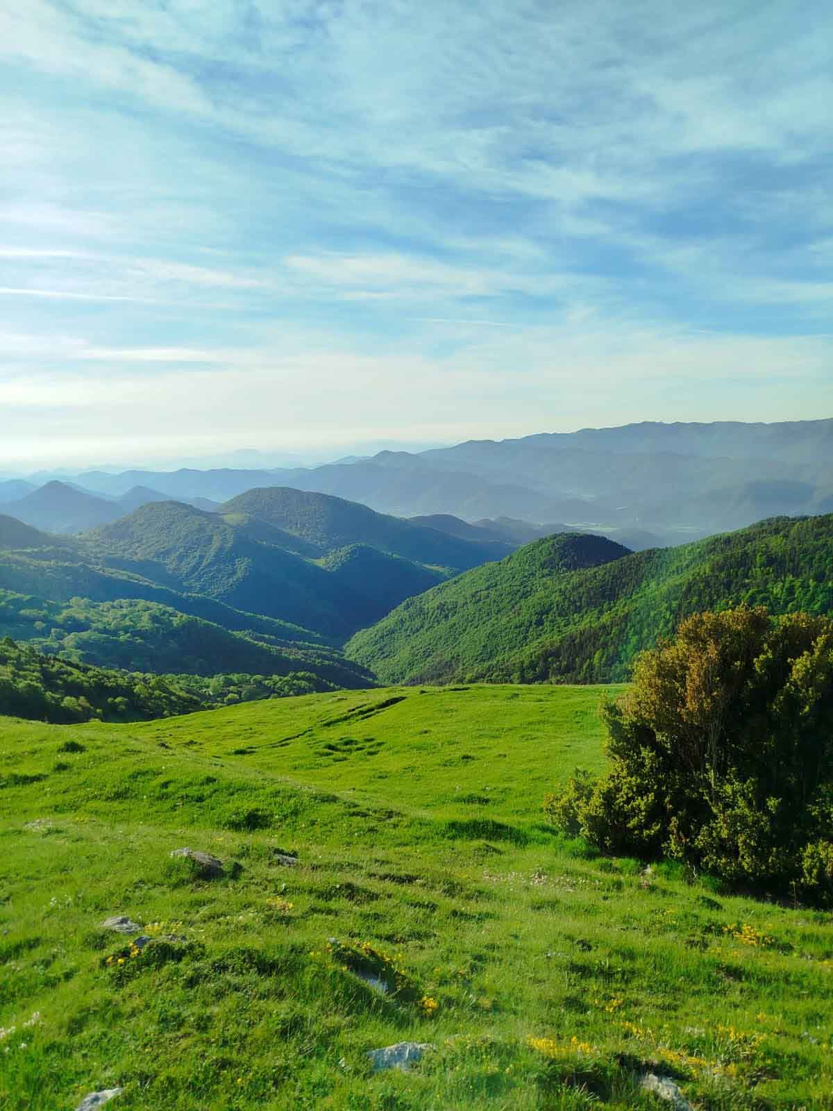 Un campo verde con montañas al fondo y un cielo azul.