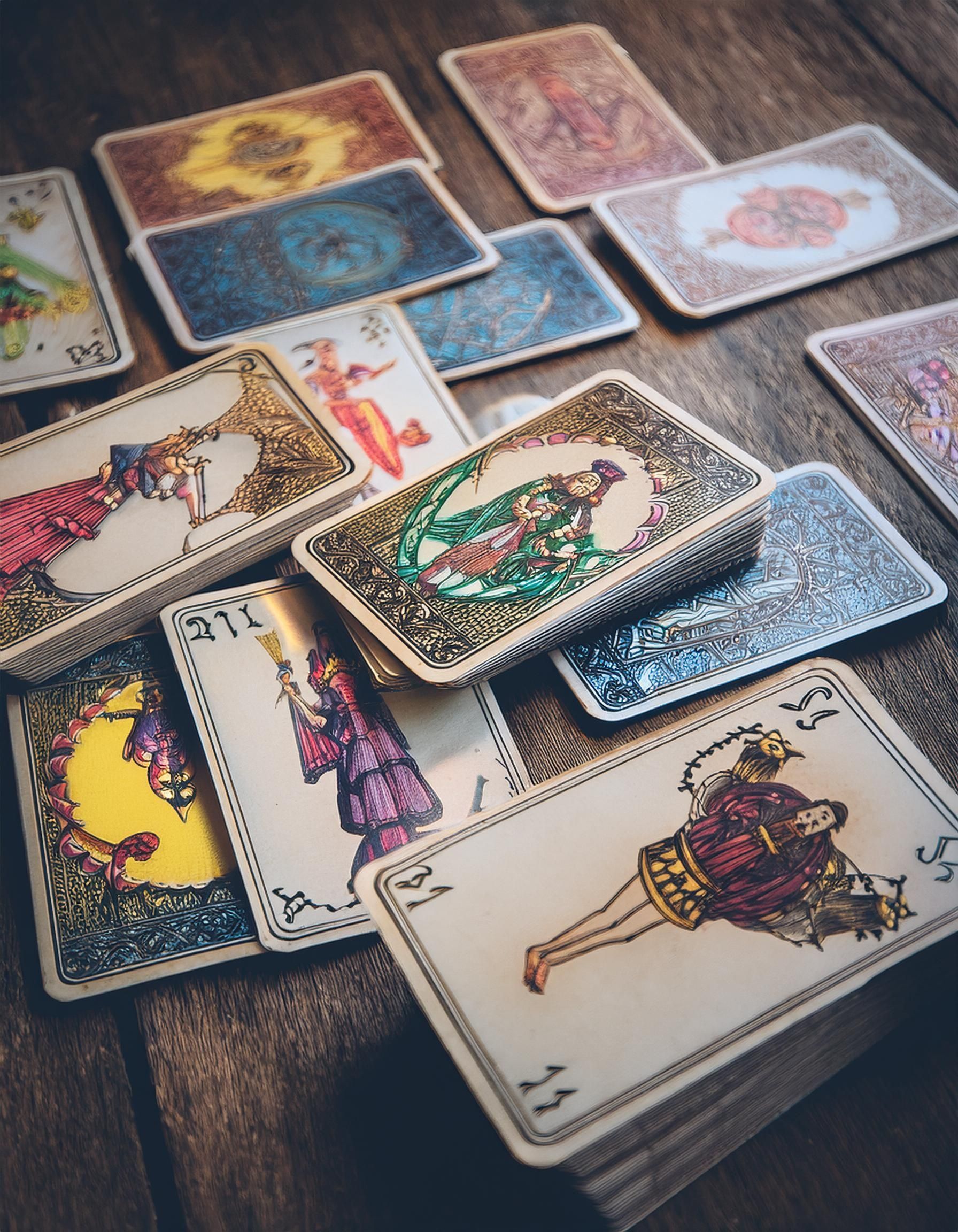Des cartes de tarot éparpillées sur une surface en bois, présentant des illustrations détaillées aux couleurs et figures variées.