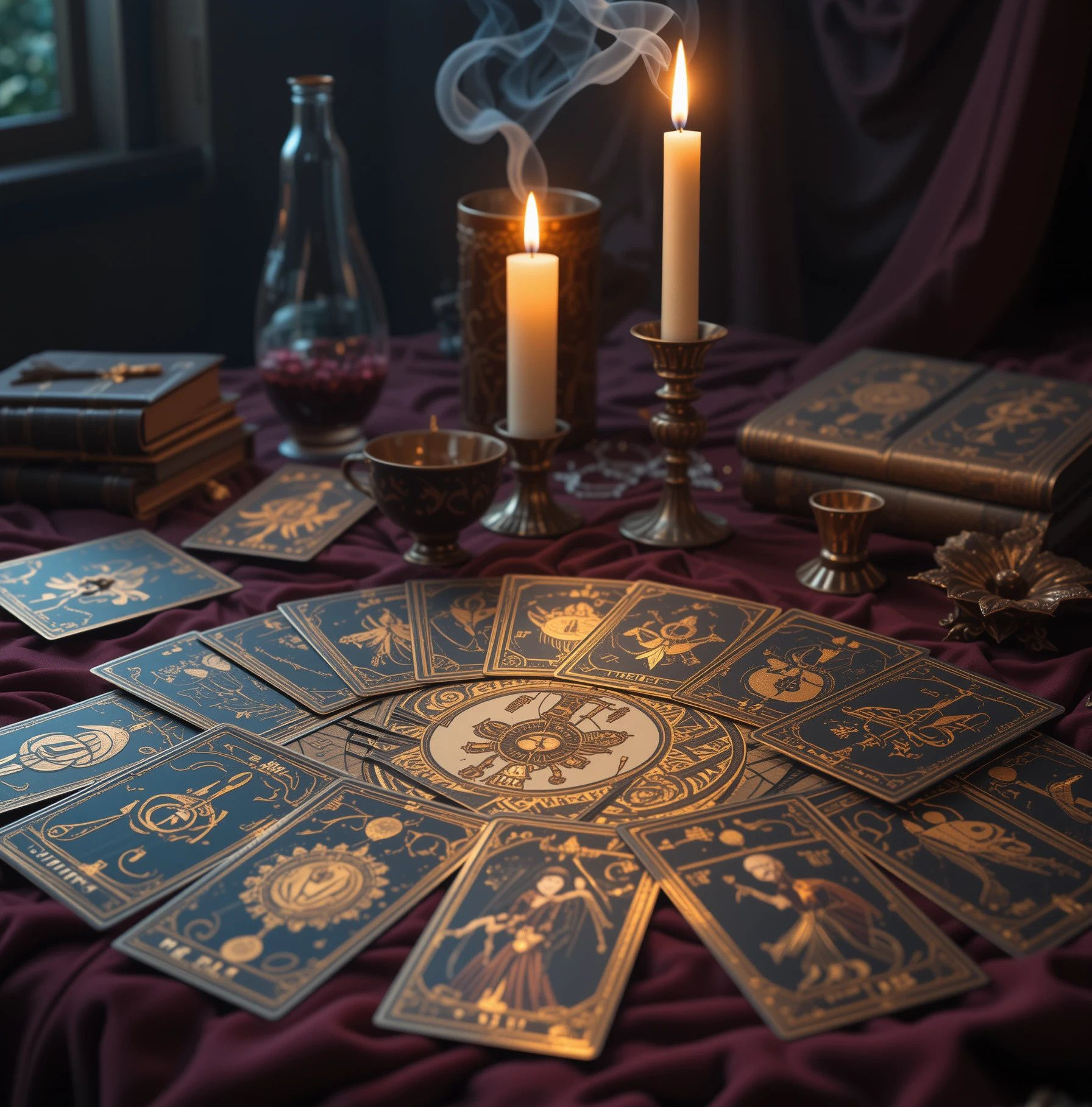 Des cartes de tarot sont disposées en éventail sur une table avec des bougies, des livres et une bouteille en verre. Des volutes de fumée s'élèvent au-dessus des bougies.