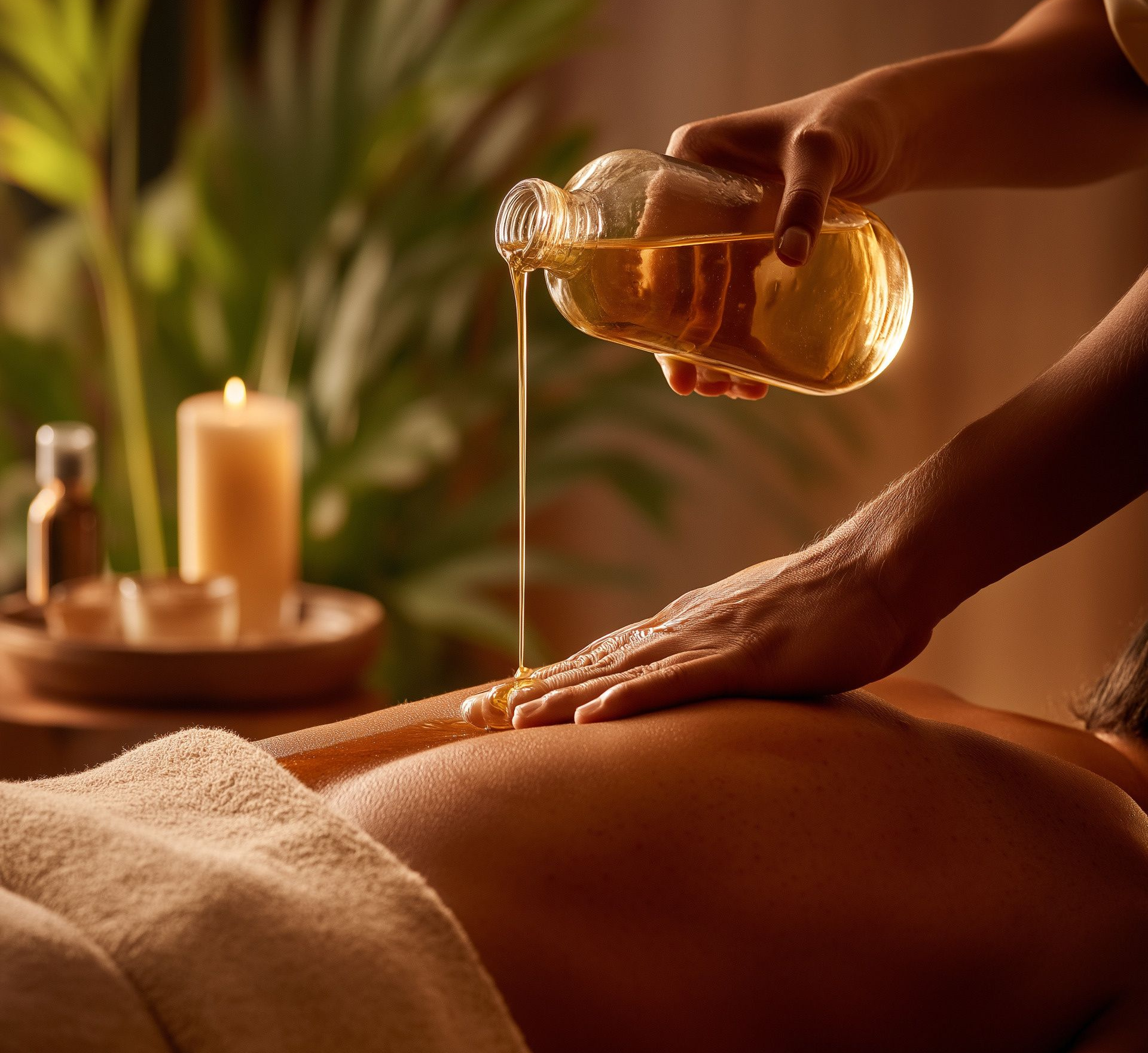 Une masseuse verse de l'huile sur le dos d'une personne ; ambiance spa éclairée aux chandelles.