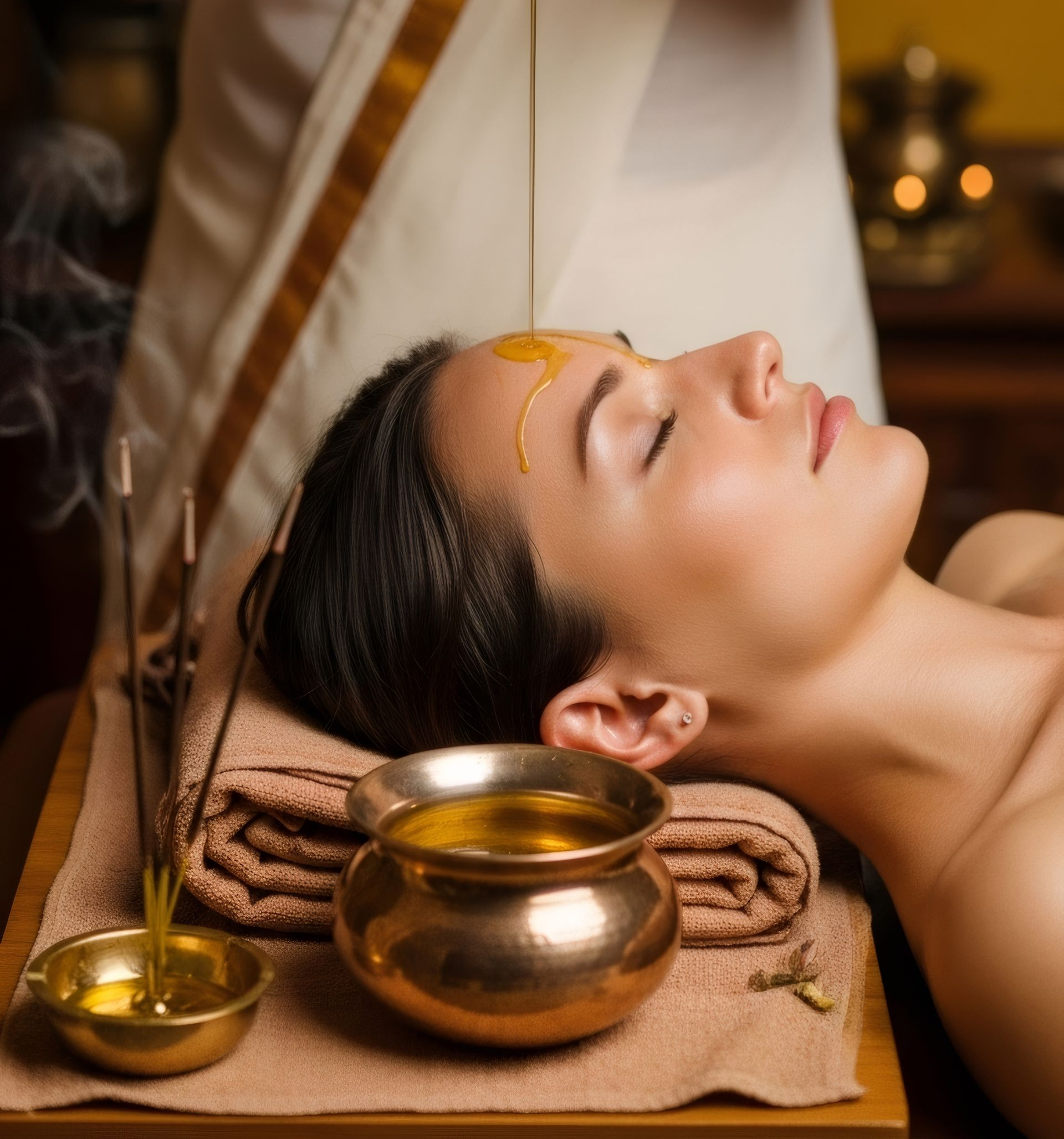Femme recevant un soin ayurvédique Shirodhara avec application d'huile sur le front dans un spa.