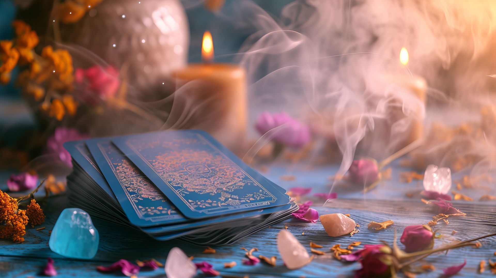 Des cartes de tarot sur une table bleue avec des bougies, des cristaux, des fleurs et de la fumée.