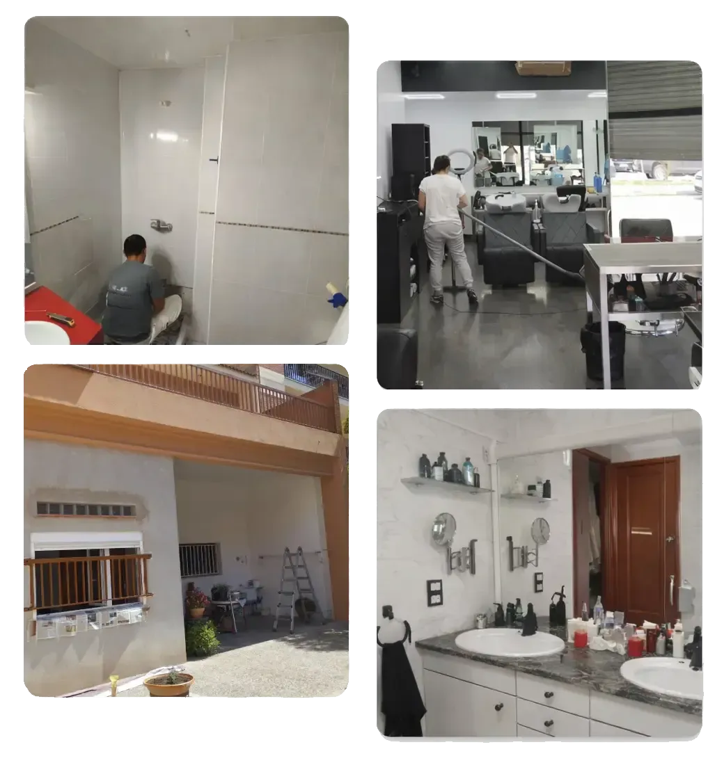 Collage de cuatro paneles que muestra un proyecto de construcción