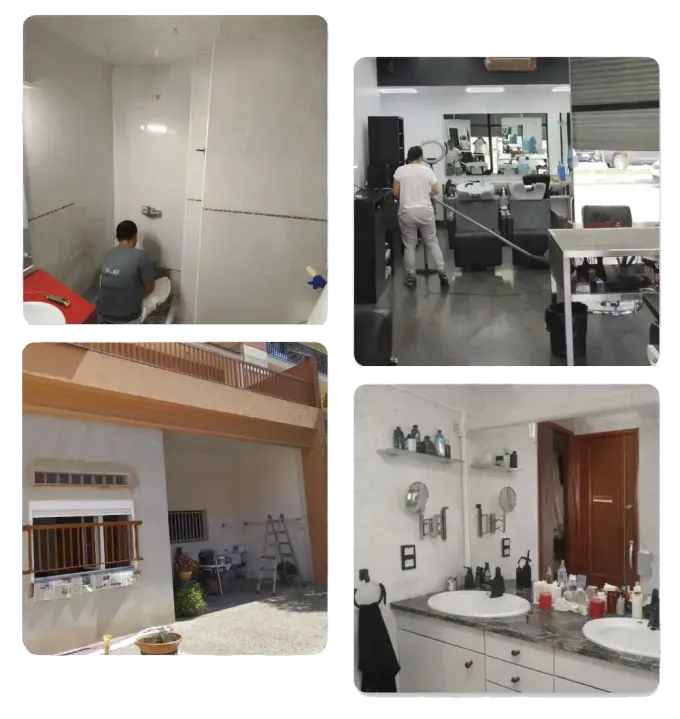Collage de cuatro paneles que muestra un proyecto de construcción