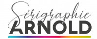 Logo avec le texte « Sérigraphie ARNOLD » en écriture cursive noire et en caractères gras, souligné en jaune.