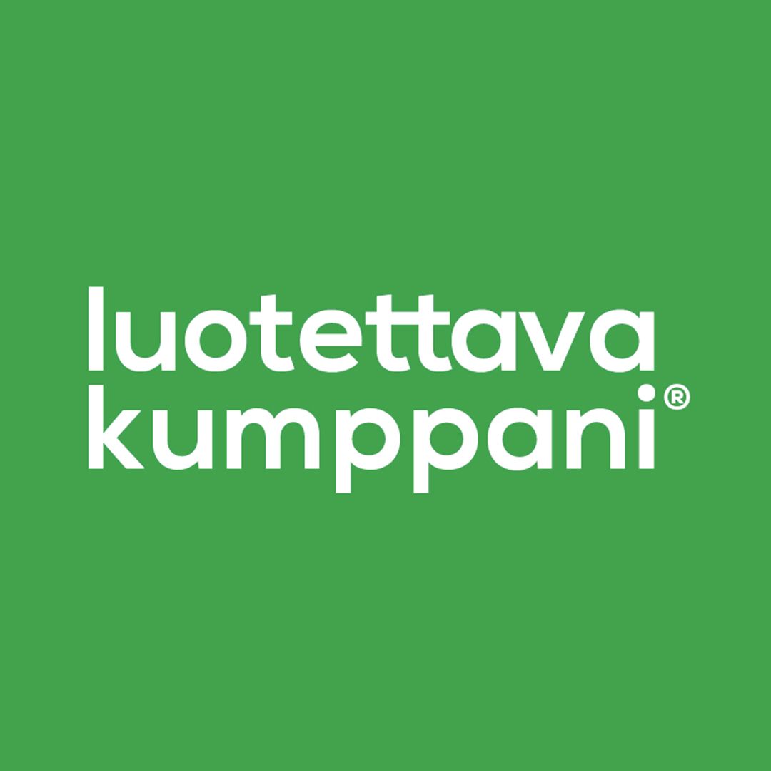 White “luotettava kumppani” text on a green background with a small registered trademark symbol