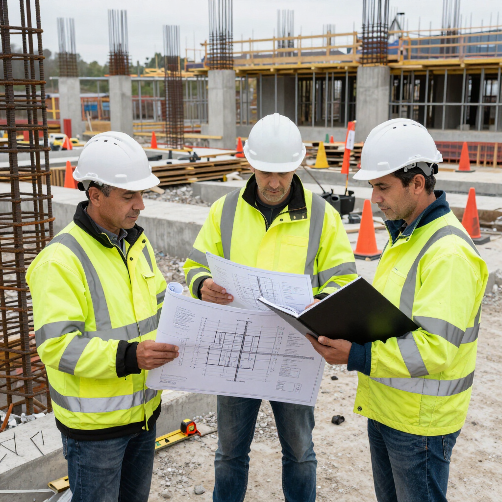 Trois ouvriers du bâtiment, casqués, examinent des plans sur un chantier.