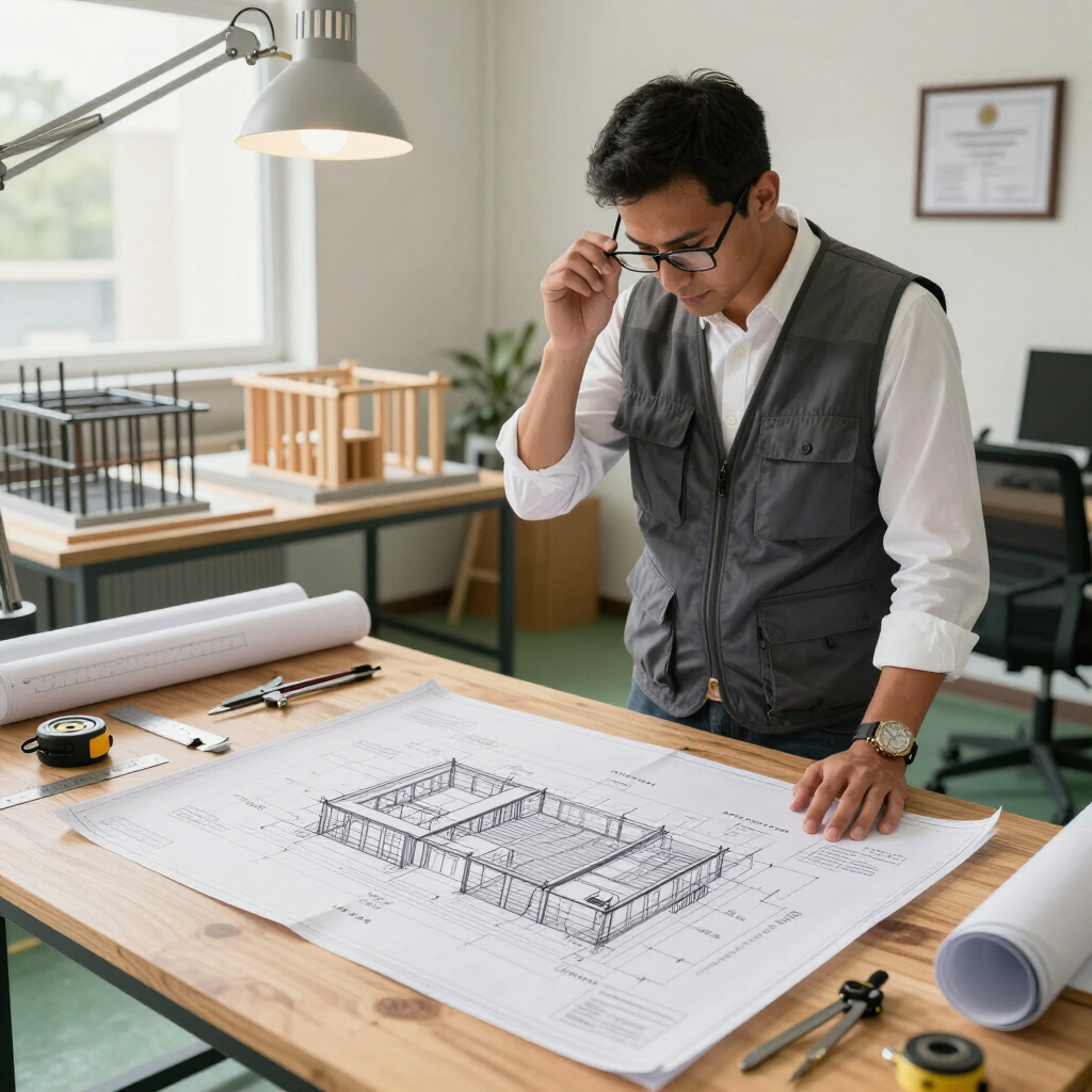 Un ingénieur examine un plan sur sa table à dessin