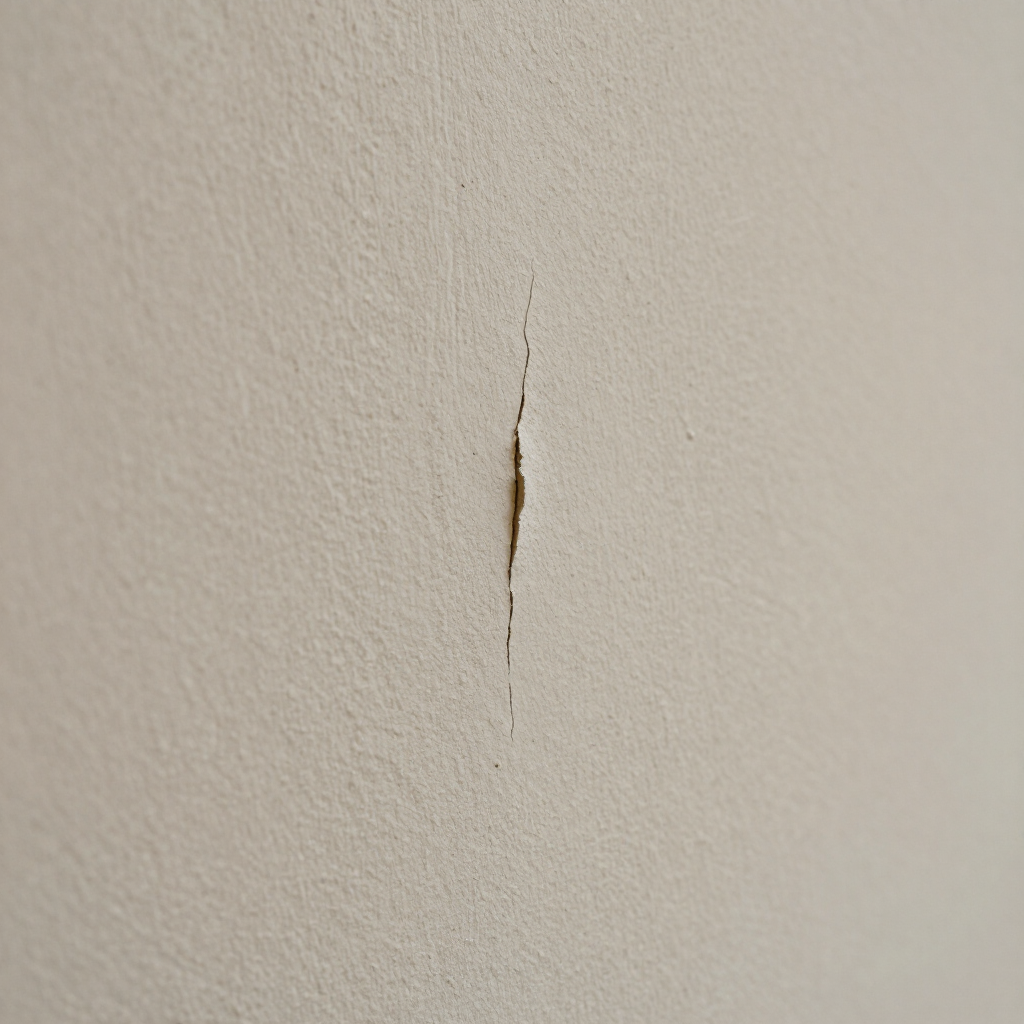 Gros plan sur un mur beige présentant une fine fissure verticale