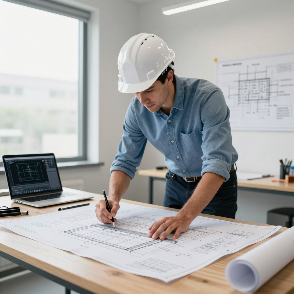 Dans un bureau avec un ordinateur, un ingénieur portant un casque blanc étudie des plans.