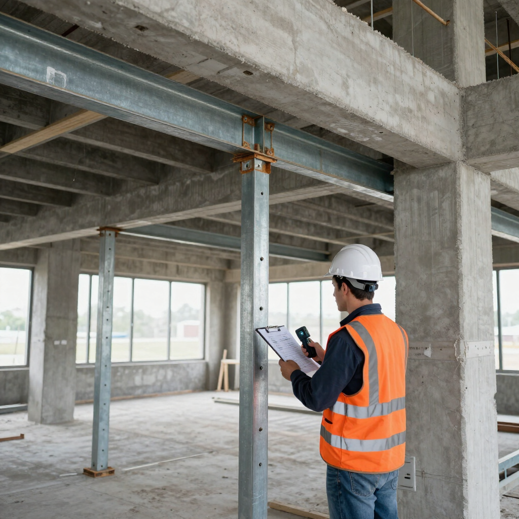 Personne vêtu d'un gilet de sécurité orange et d'un casque de chantier, inspecte l'intérieur d'un bâtiment en béton