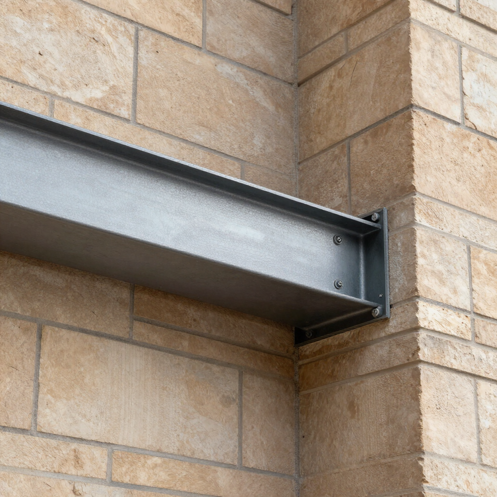 Support de poutre en acier fixé à un angle de mur en briques beiges