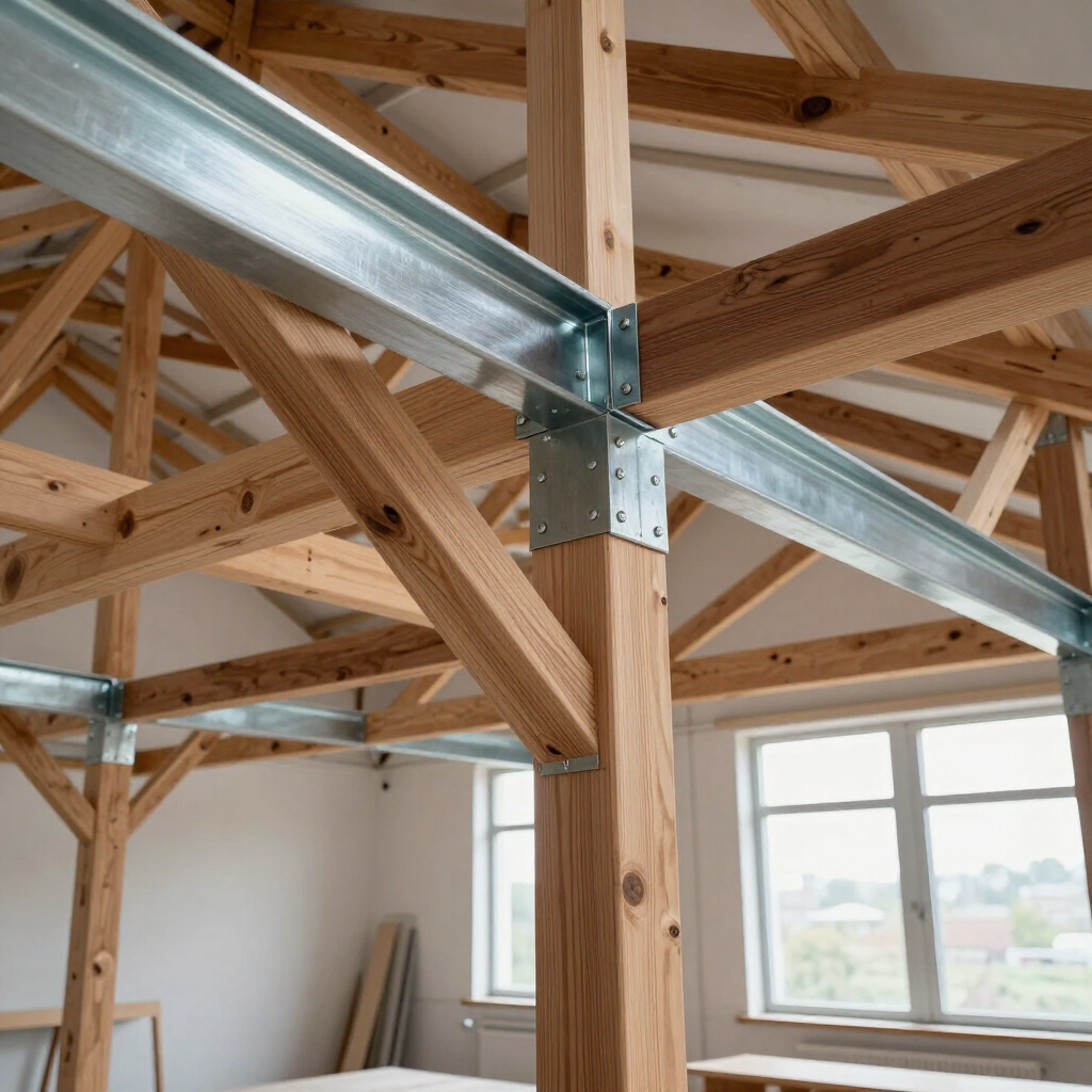 Charpente apparente en bois avec poutres métalliques dans une pièce lumineuse en construction