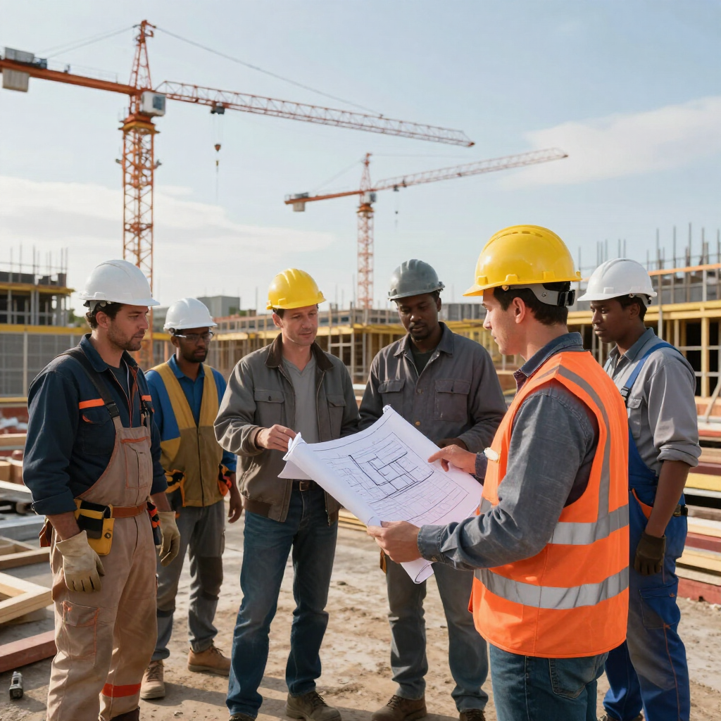 Des ouvriers du bâtiment, casqués, examinent des plans sur un chantier où des grues sont visibles en arrière-plan.