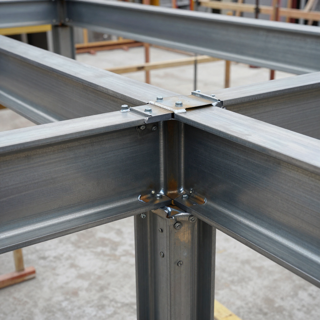 Gros plan sur un assemblage de poutres en acier avec des connecteurs métalliques boulonnés sur un chantier de construction