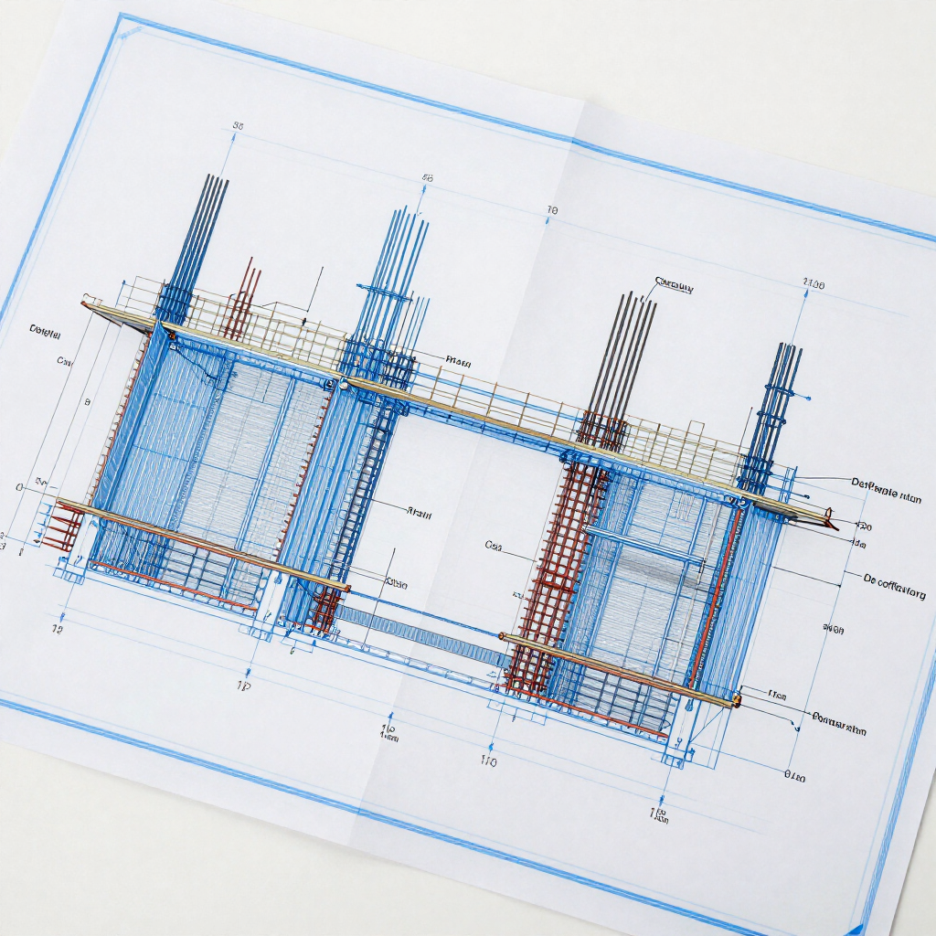 Plan technique architectural avec schémas structurels bleus et rouges et mesures