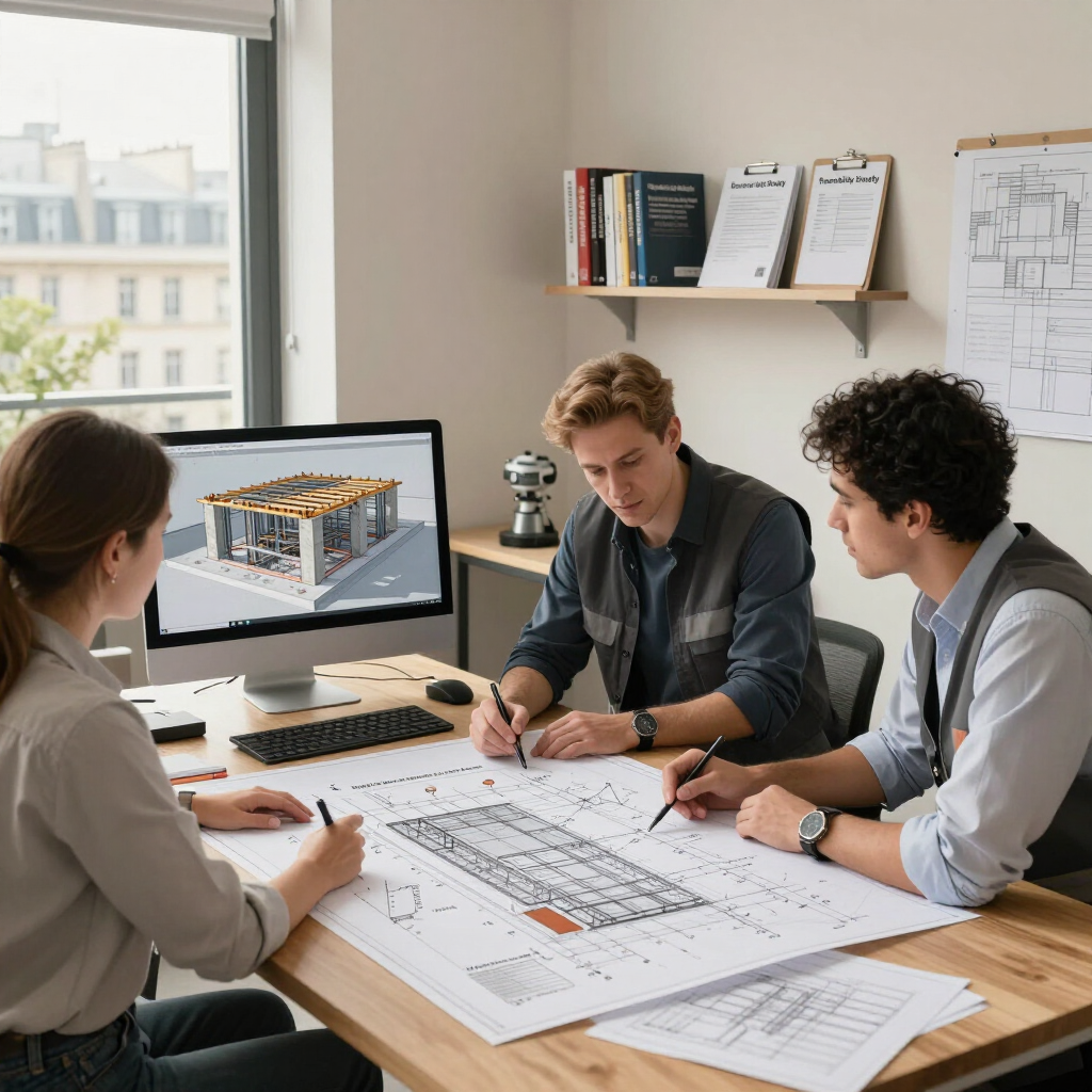 Trois personnes examinent des plans architecturaux et une maquette 3D d'un bâtiment sur un bureau