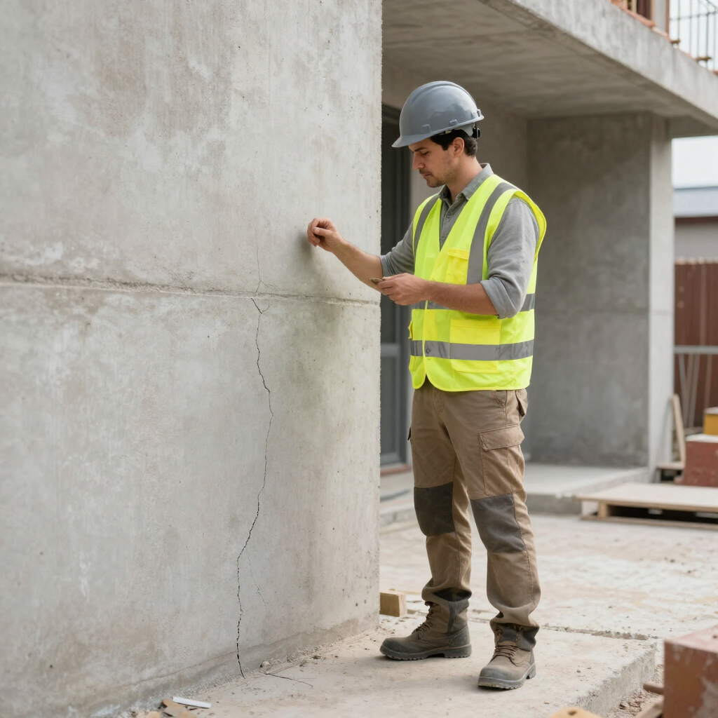 Un technicien inspecte un mur en béton sur un chantier.