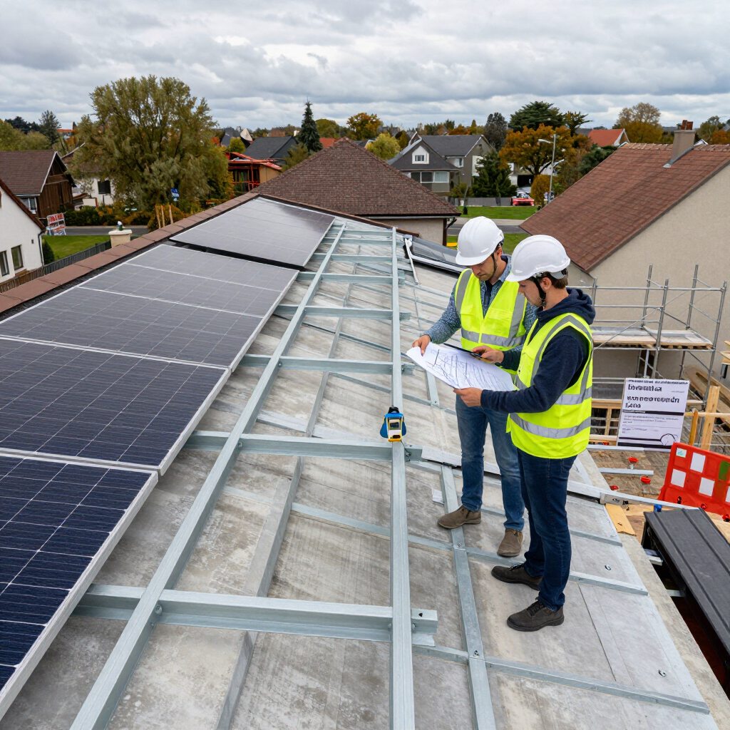 Deux ouvriers portant des gilets de sécurité inspectent l'installation de panneaux solaires sur le toit d'une maison.