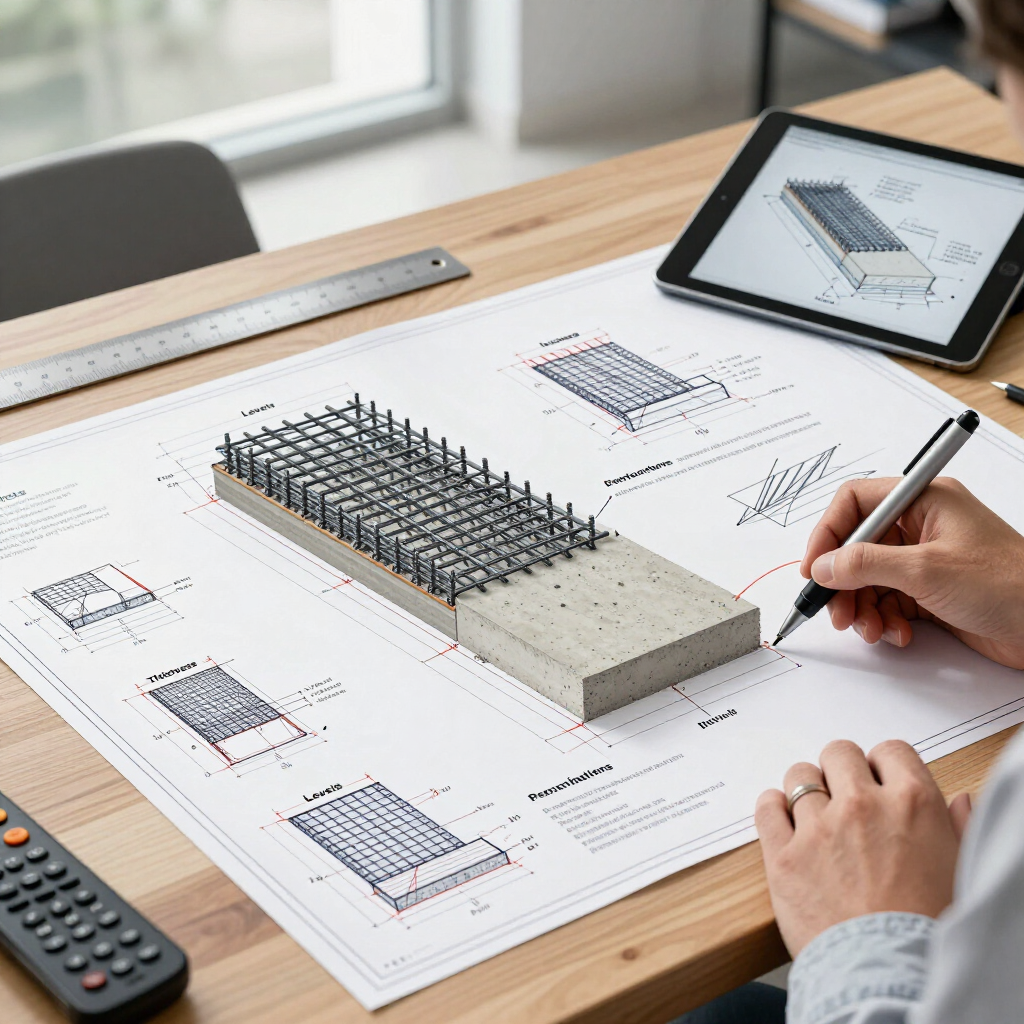 Un ingénieur dessine une maquette de bâtiment à partir de plans posés sur un bureau, avec une tablette et une règle à proximité.