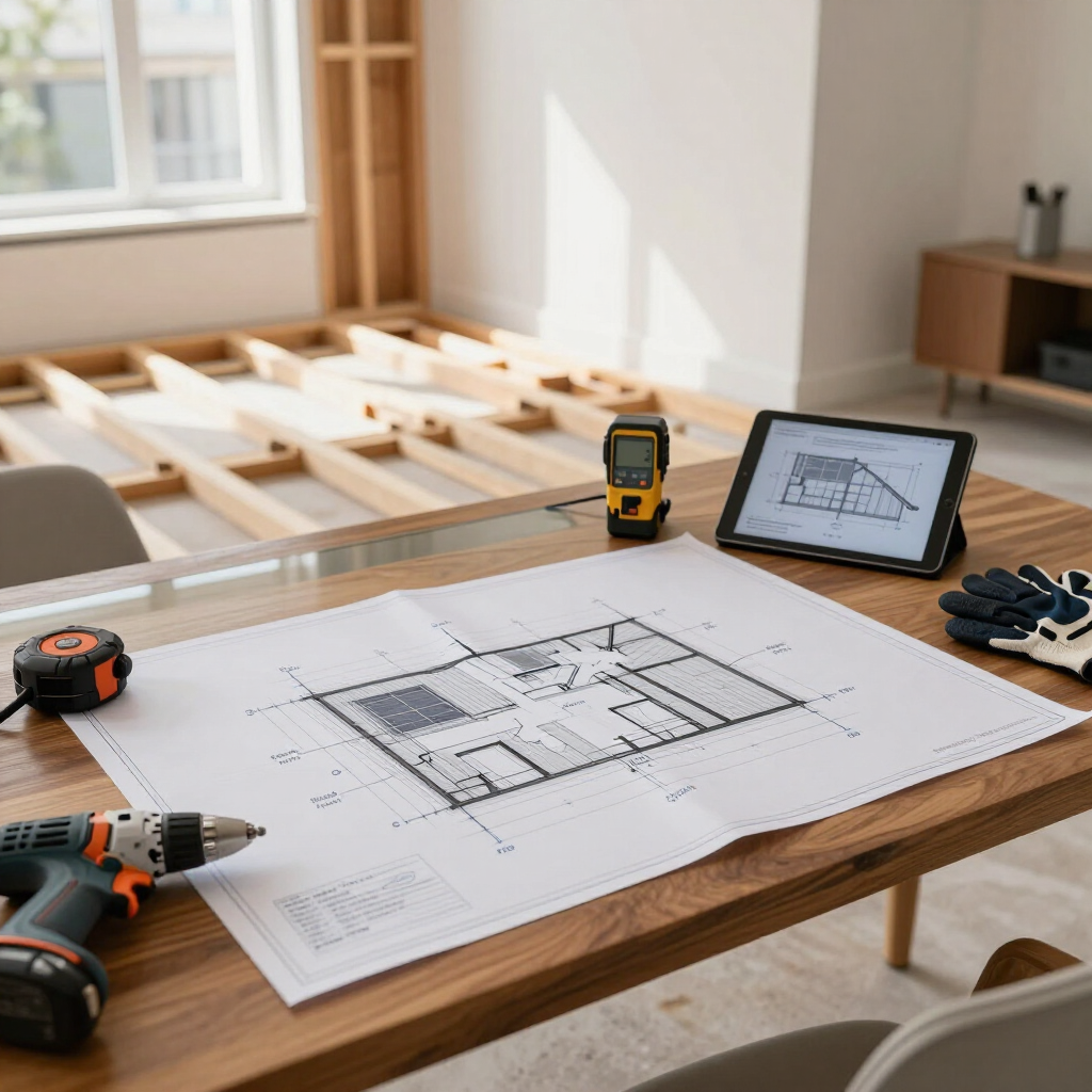 Dans une pièce lumineuse en rénovation, une table avec les plans de la maison, des outils et une tablette