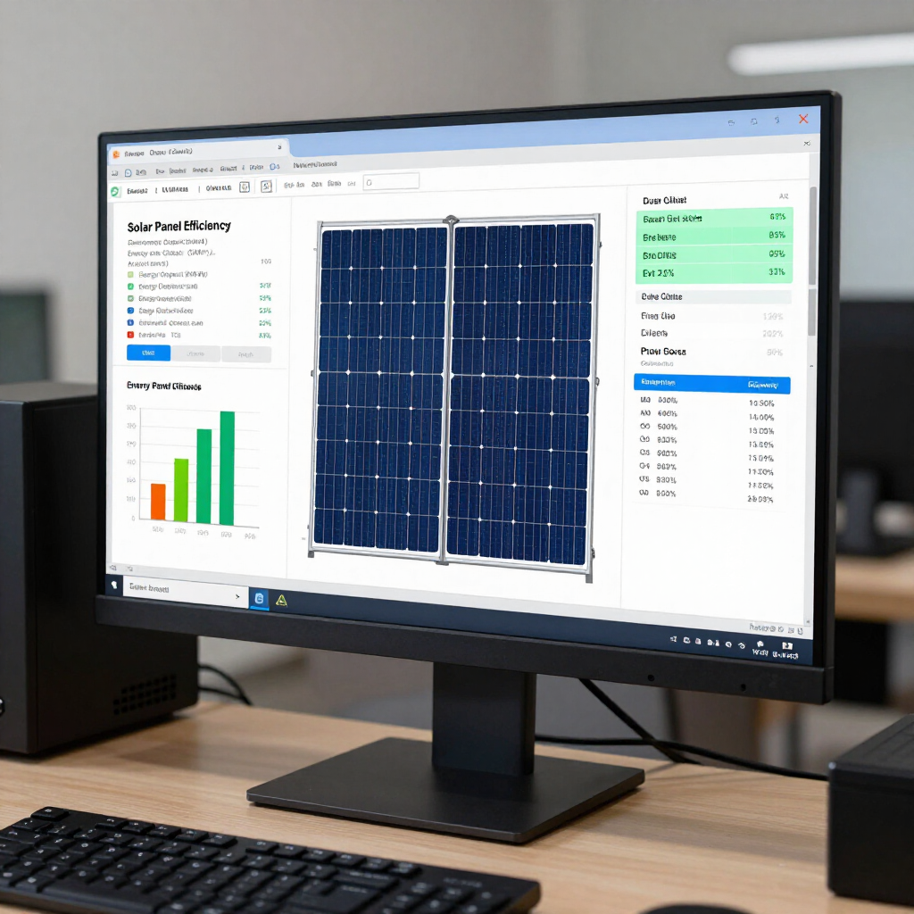 Écran d'ordinateur affichant un logiciel d'analyse de panneaux solaires avec des graphiques et des tableaux de données.