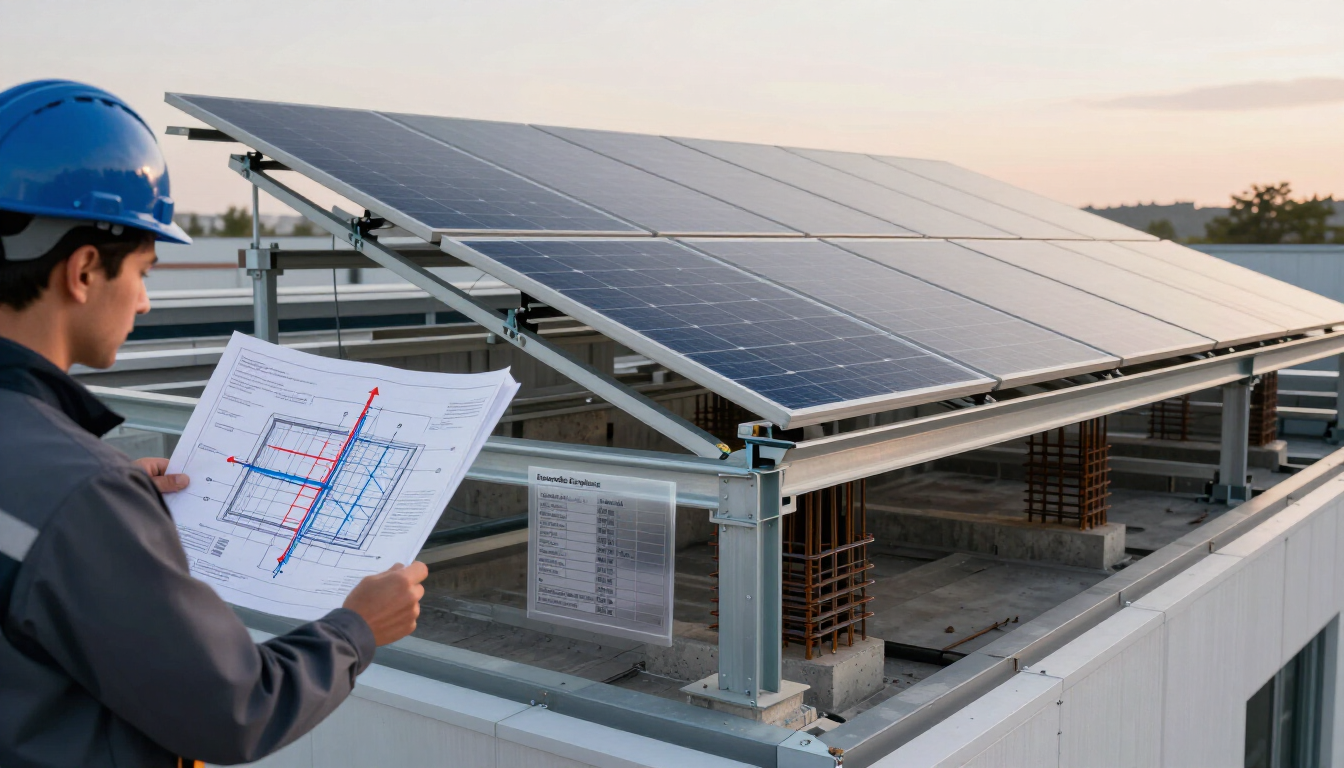 Un technicien inspecte des panneaux solaires sur un toit à l'aide de plans au coucher du soleil