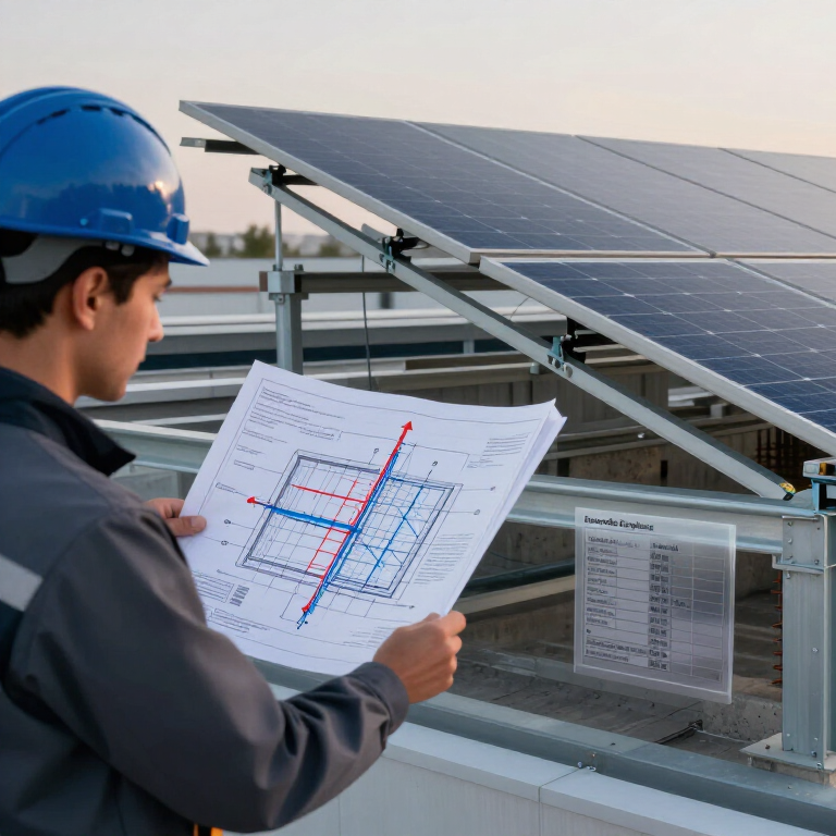 Un technicien portant un casque de chantier bleu examine les plans des panneaux solaires sur un site d'installation de panneaux solaires.