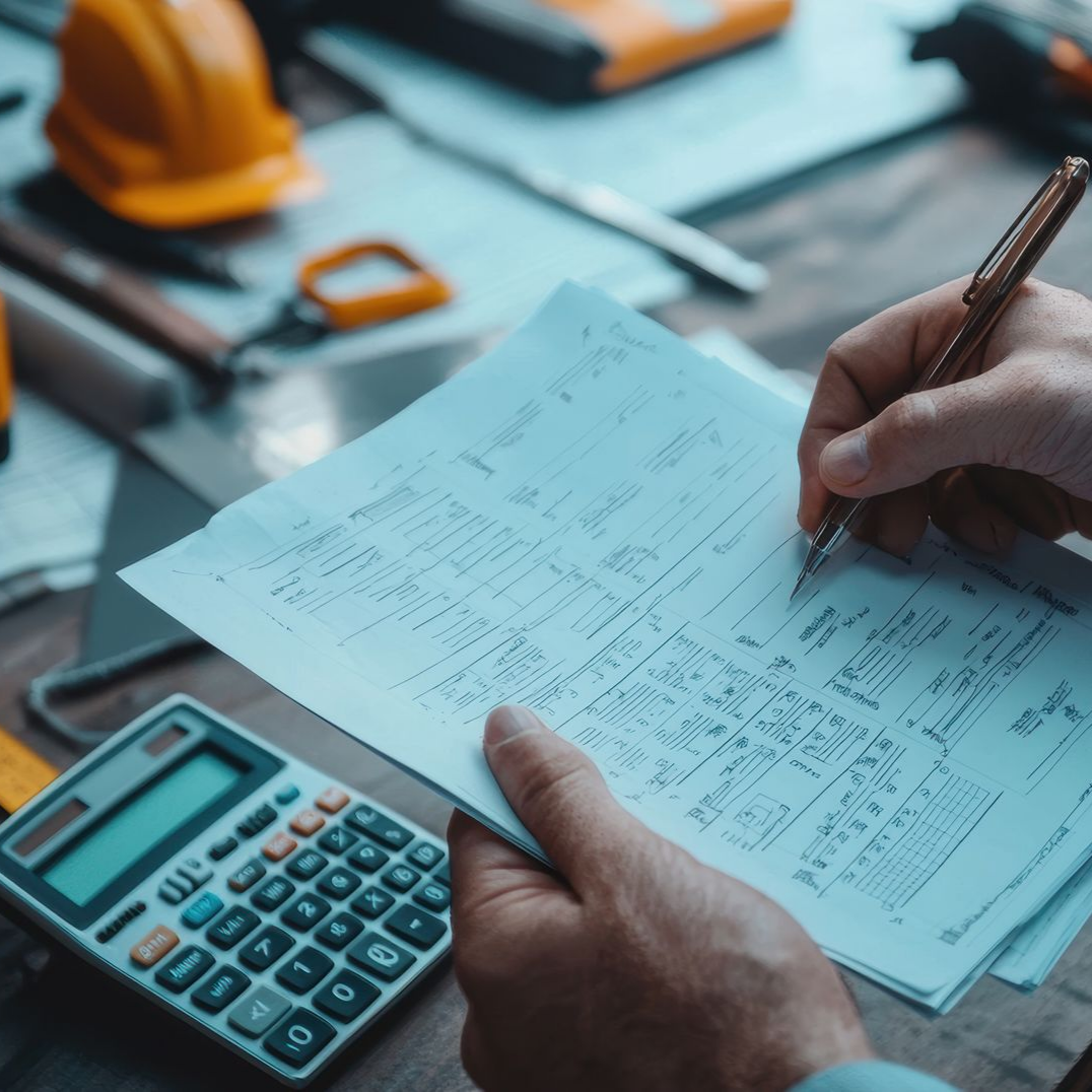Des mains utilisant une calculatrice et écrivant sur des plans à un établi
