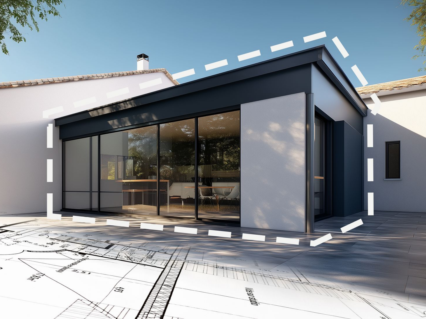 Extérieur d'une maison moderne blanche avec de grandes baies vitrées et un toit en pente