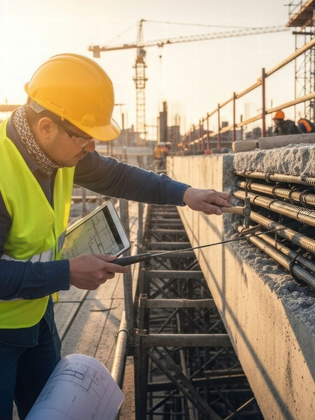 Ingénieur qui contrôle une fondation en béton