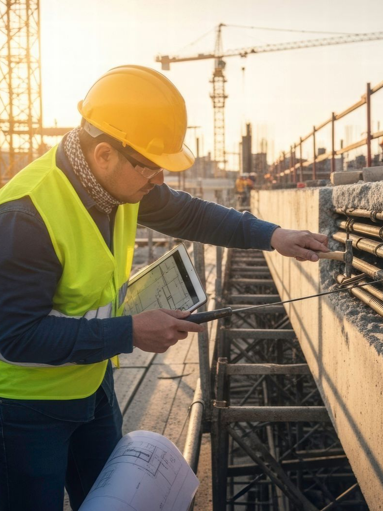 Ingénieur sur un chantier qui inspecte un ferraillage béton