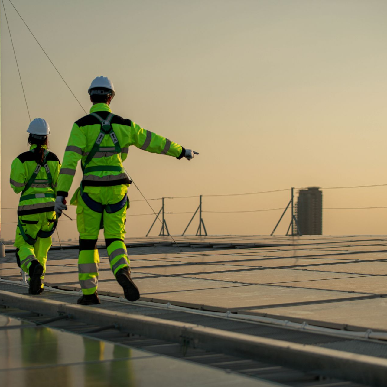 Deux ouvriers vêtus de tenues de sécurité fluo marchent sur un toit équipé de panneaux solaires