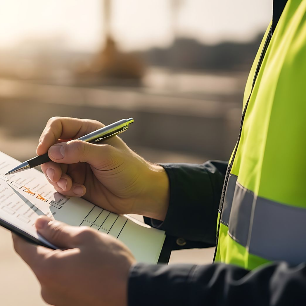 Un ouvrier portant un gilet de sécurité fluo prend des notes sur un bloc-notes à l'extérieur