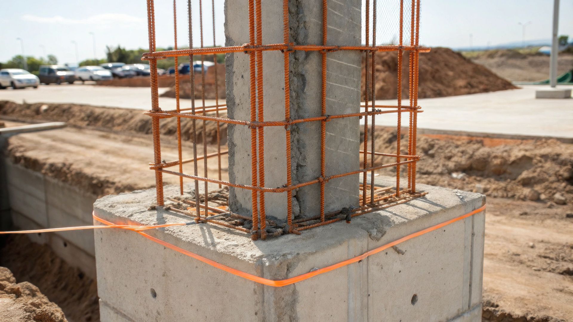 Fondations en béton armé avec cage d'armature sur un chantier de construction, délimitée par des cordes orange.
