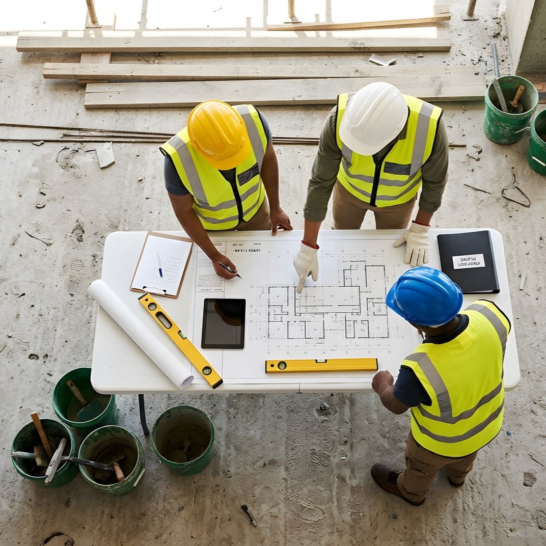 Trois ingénieurs du bâtiment, casqués, examinent des plans sur une table, sur un chantier.