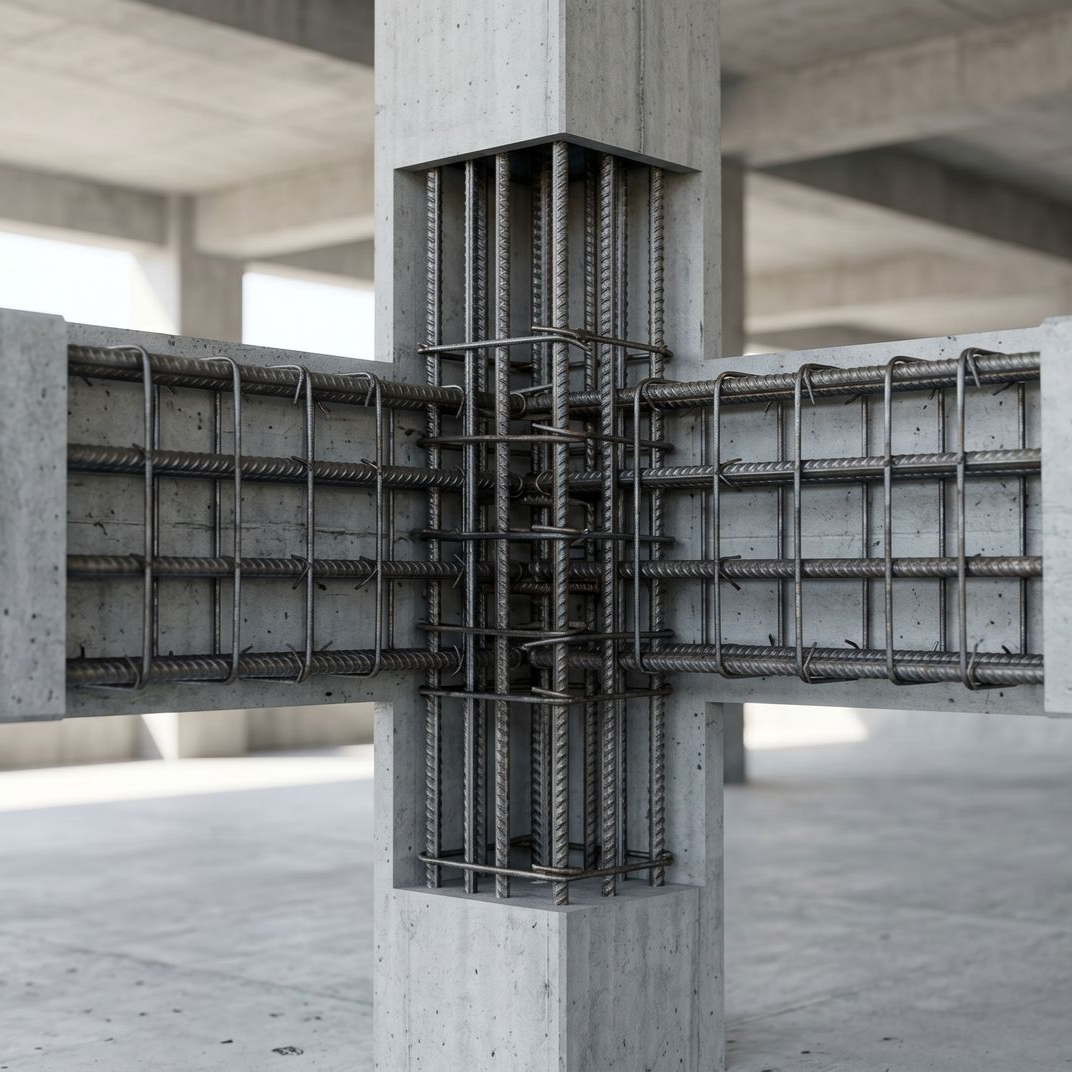 Armatures en acier d'une colonne et d'une poutre en béton sur un chantier de construction