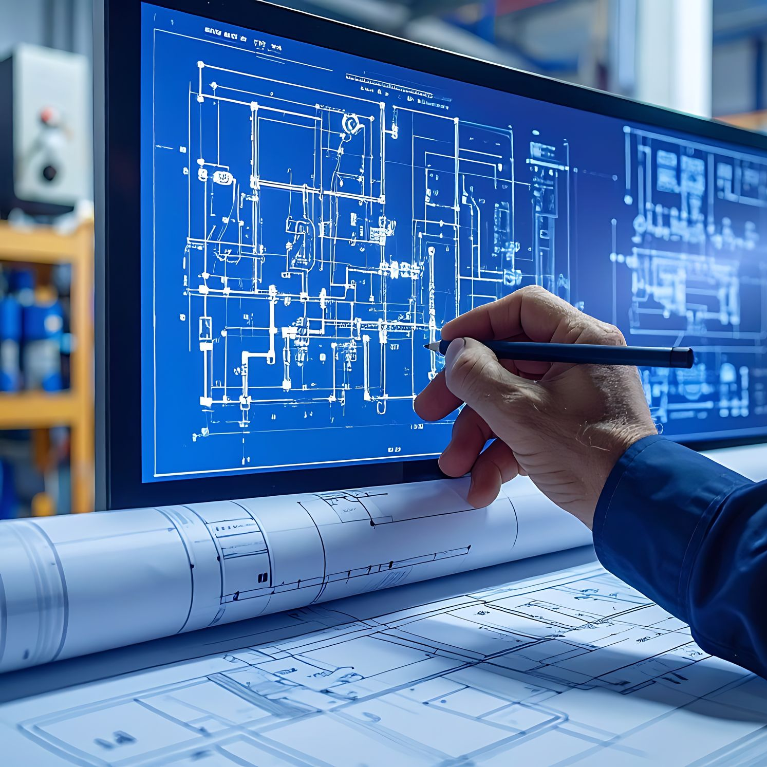Dessin à la main d'un plan architectural bleu sur un bureau, avec des plans enroulés et un affichage numérique.