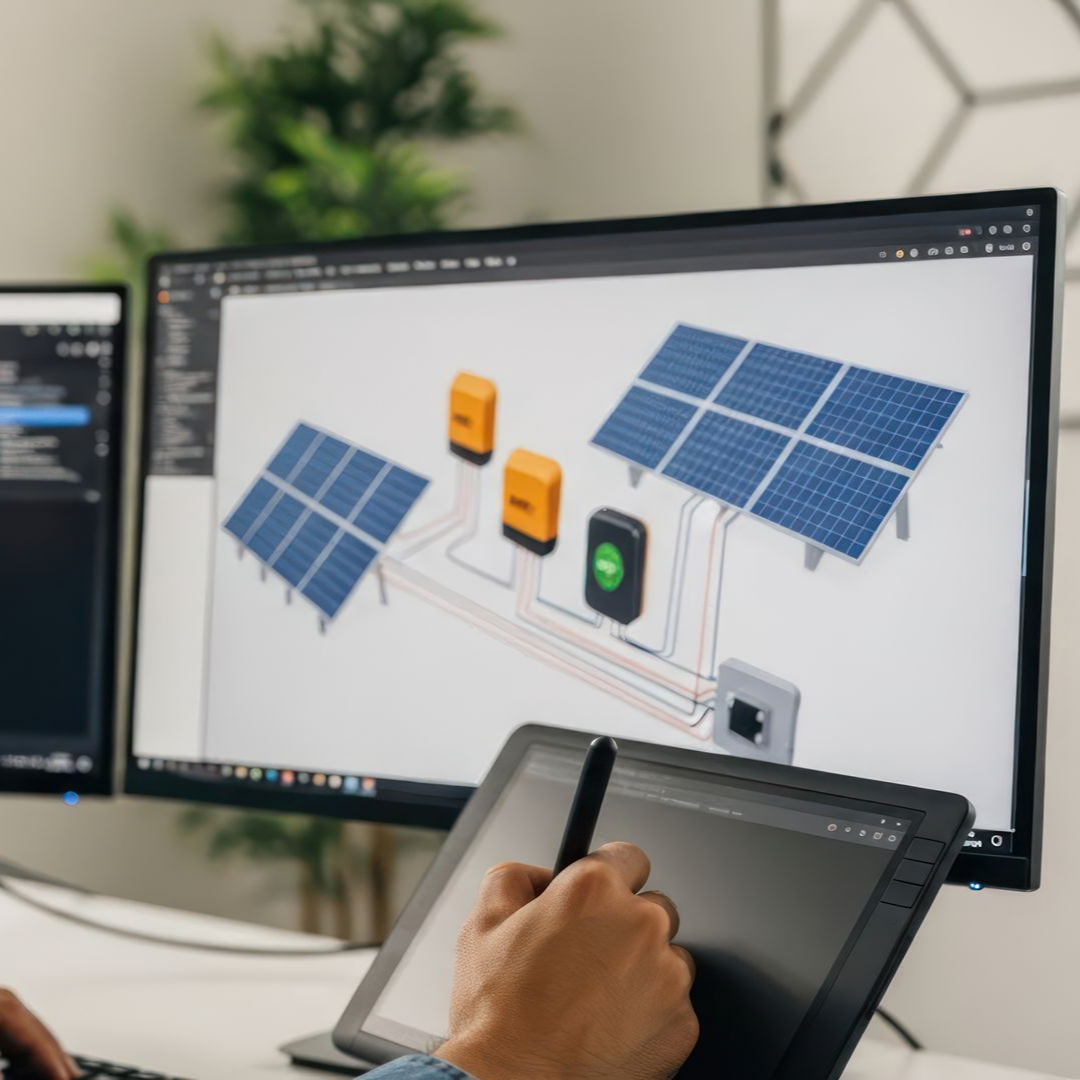 Main utilisant un stylet sur une tablette à côté d'écrans affichant un schéma de système de panneaux solaires