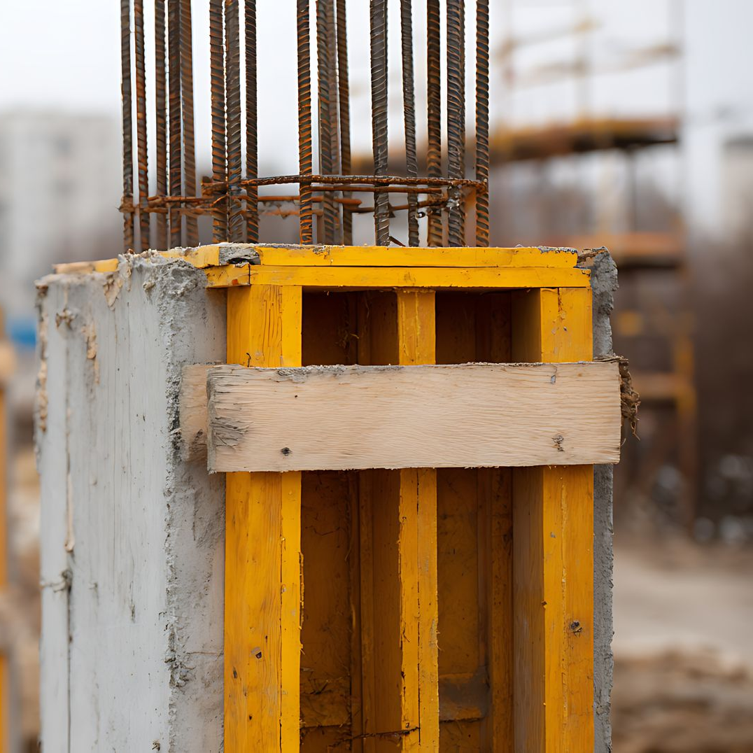 Coffrage de construction autour d'une colonne en béton avec étais jaunes et armatures en acier apparentes