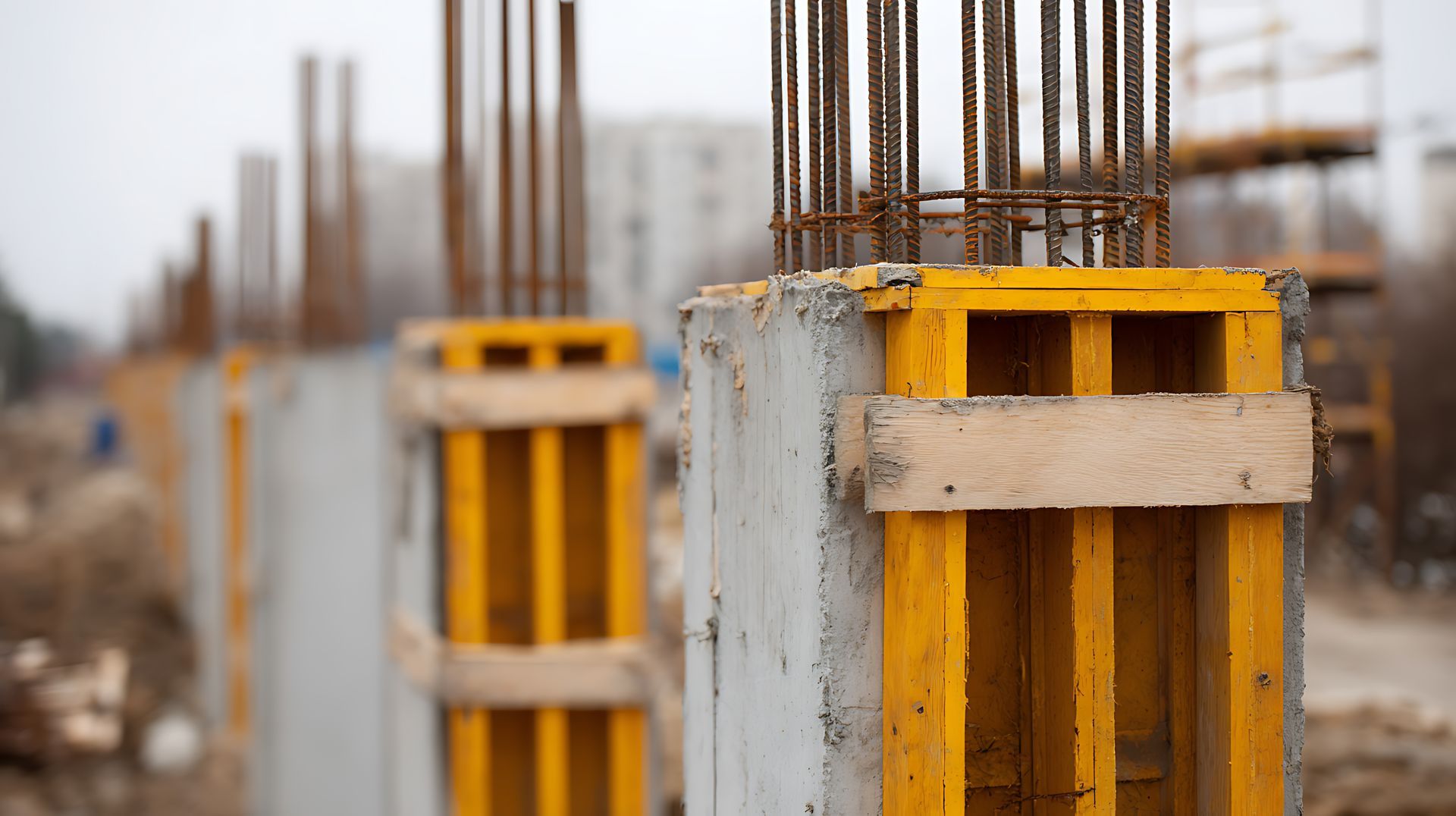 Gros plan sur des colonnes en béton avec coffrage jaune et armatures sur un chantier de construction