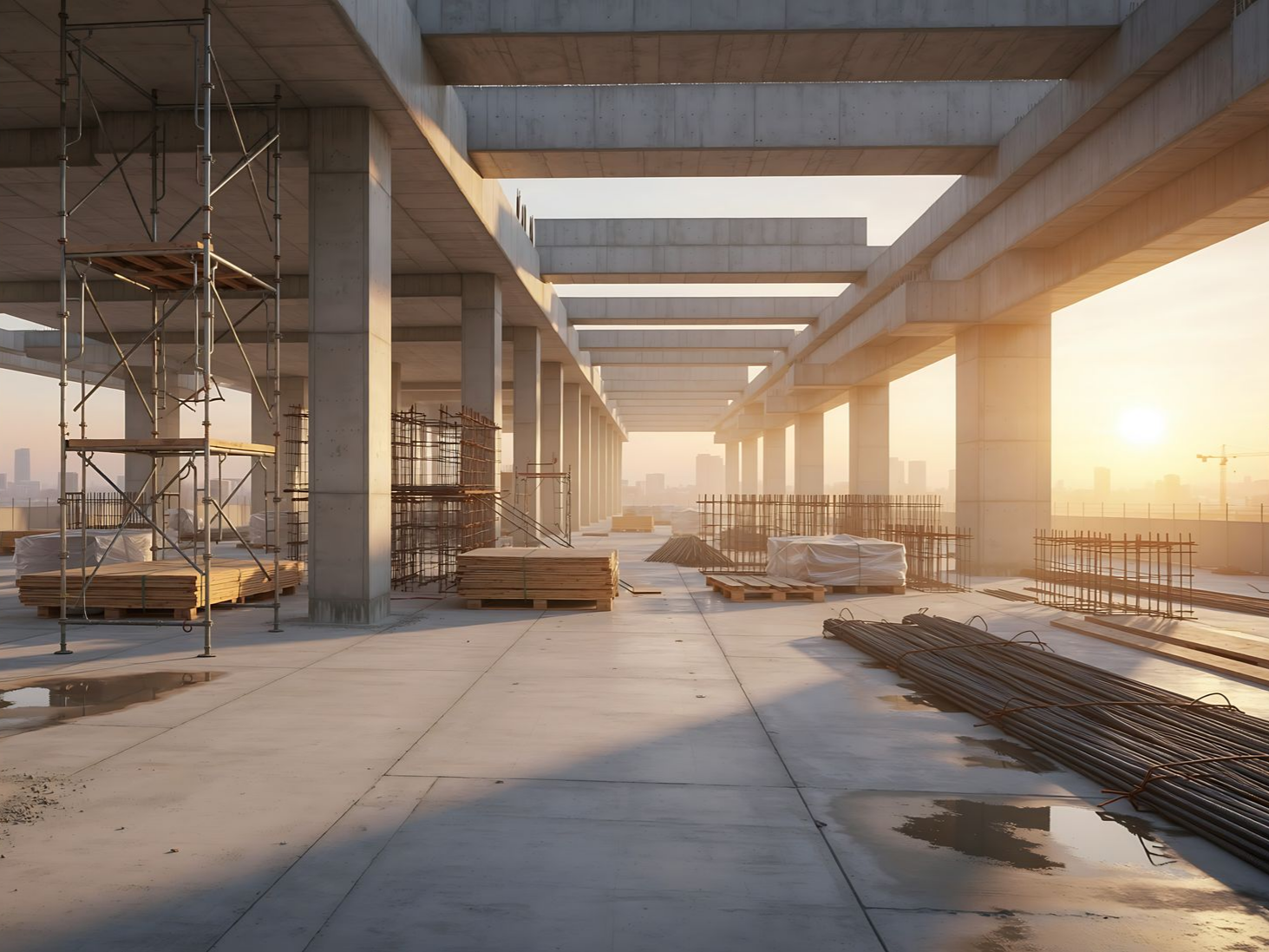 Chantier de construction ensoleillé avec des colonnes en béton, des échafaudages et des matériaux empilés à l'intérieur d'une grande structure inachevée