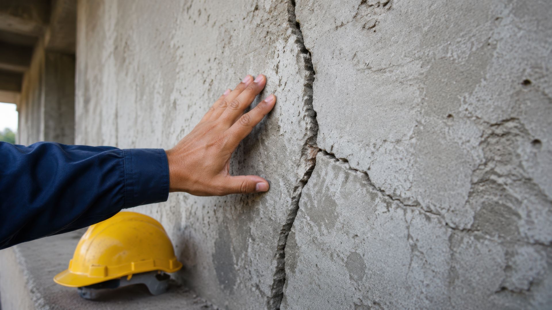 Inspection manuelle d'un mur en béton fissuré à côté d'un casque de chantier jaune