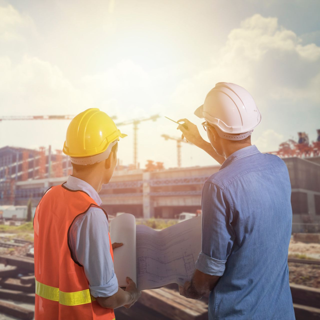 Deux ouvriers du bâtiment, casqués, examinent des plans sur un chantier au coucher du soleil.