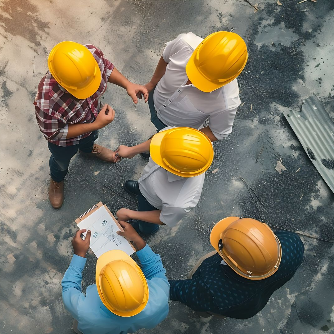 Cinq ouvriers du bâtiment, casqués, se penchent sur des plans sur un chantier.