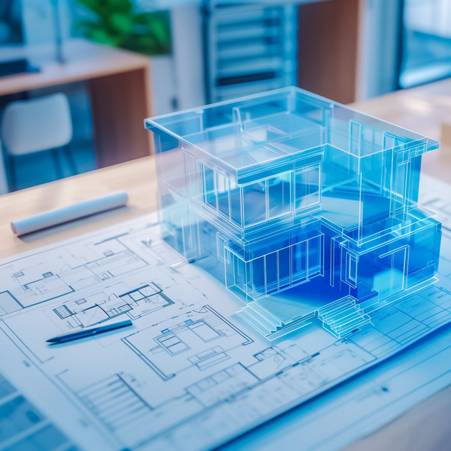 Maquette 3D d'une maison aux teintes bleutées sur des plans architecturaux dans un environnement de bureau