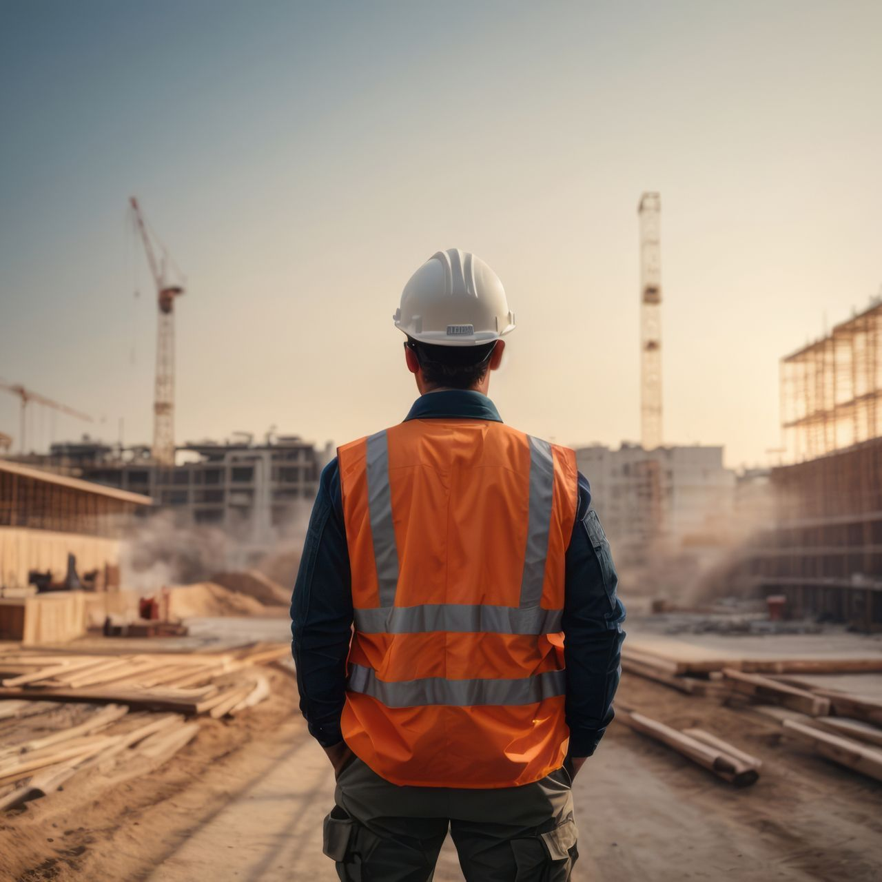 Ingénieur en gilet orange et casque blanc sur un chantier avec des grues et des échafaudages.